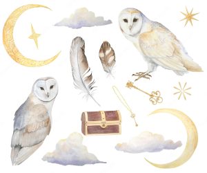 illustration-aquarelle-hiboux-nuages-cles-poitrine-vintage-lune-etoiles-ensemble-isole_674003-63