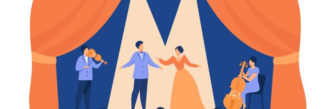 Opera singers playing on stage with musicians