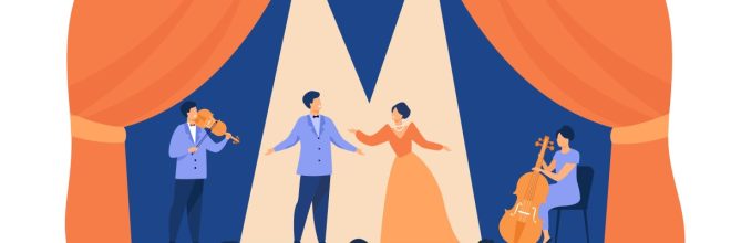 Opera singers playing on stage with musicians